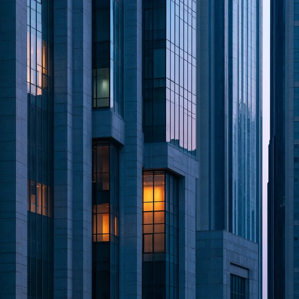 Dubai tower facade at dusk, close up