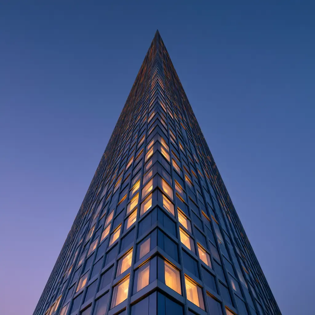 Dubai towers converging against a dusk sky